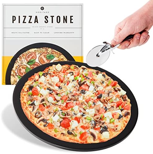 Heritage Pizza Stone, 15 inch Ceramic Baking Stones for Oven Use - Non-Stick, No Stain Pan & Cutter Set for Gas, BBQ & Grill - Kitchen Accessories & Housewarming Gifts w/ Bonus Pizza Wheel - Black
