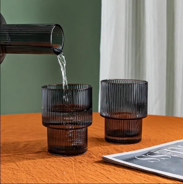Image of 220 ML Premium Black Ribbed Juice Glasses and Water Glass Tumbler Set of 12, Vintage Textured Drinking Glasses for Water,Juice,Whiskey, Cocktails, Mocktails & Everyday Use (RT - 21, Set of 12)