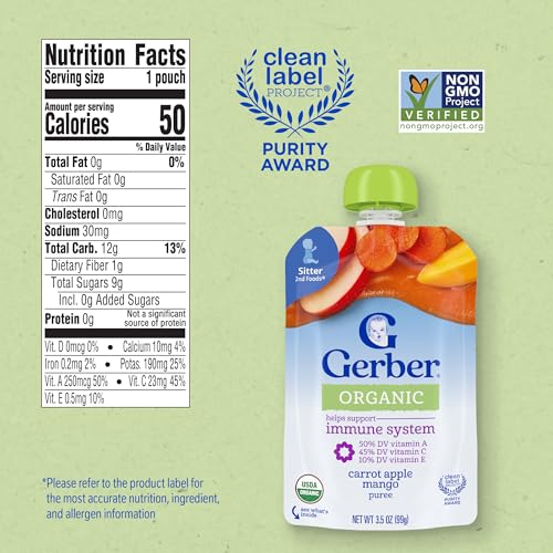 Gerber Stage 2 Organic Carrot Apple Mango Pouches, 3.5 Oz, 12 Pack | Stage 2 organic fruit and veggie puree pouches; carrot apple mango; 12 x 3.5 oz - image 2