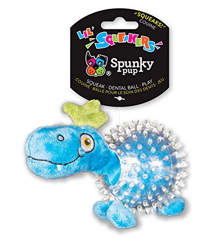 Spunky Pup Spiky Ball Dog Toy, Multi Textured Dog Ball, Soft and Squeaks, Perfect for Small Dogs, Dinosaur Shaped Cover