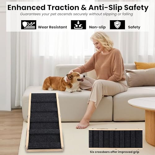Adjustable Dog Ramp for Small Dogs | 4 Heights (10-17.3\") | Folding, Non-Slip Pet Ramp | Durable Wooden Ramp for Low heighted Beds