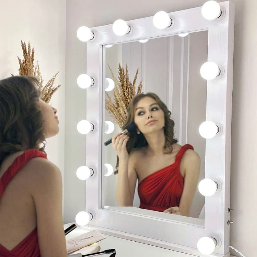 Hollywood Vanity Mirror Makeup with Lights 35 x 27 Brown Wooden Frame for Makeup, Beauty, Interior, Bathroom, Dressing Room, Beauty Corner, Wall Mounted or on Vanities.