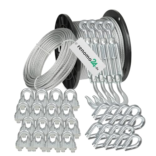 Renomo24 Drahtseil Set 6 - Stahlseil 20m 5mm 6x7 verzinkt, 4x Spannschloss Haken/Öse, 16x Bügelklemmen, 16x Kauschen