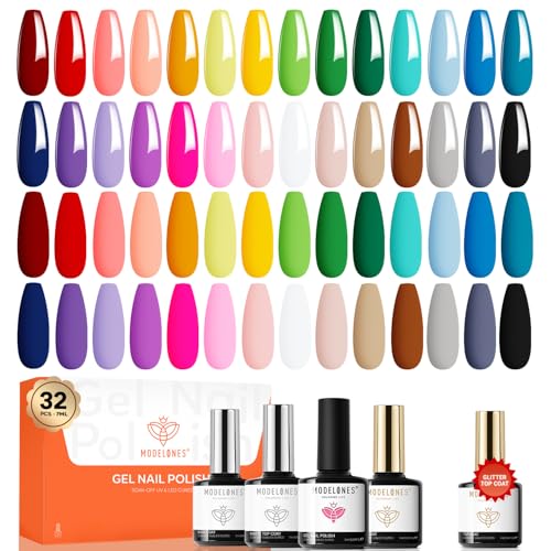 Image of modelones 32 PCS Gel Nail Polish Set, 28 Colors Nude Red Green Blue Gel Polish with No Wipe Base Coat, Glitter & Glossy & Matte Top Coat Soak Off LED Nail Art Kit Salon at Home