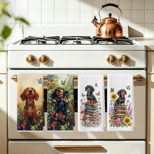 Image of 4 Pcs Cute Dachshund Floral Kitchen Towels 24x14 Inch, Floral Dachshund Gifts Reusable Dish Towels for Kitchen Bathroom Decor, Waffle Weave Absorbent Tea Towel, Weiner Dog Gifts for Women Mom Friend