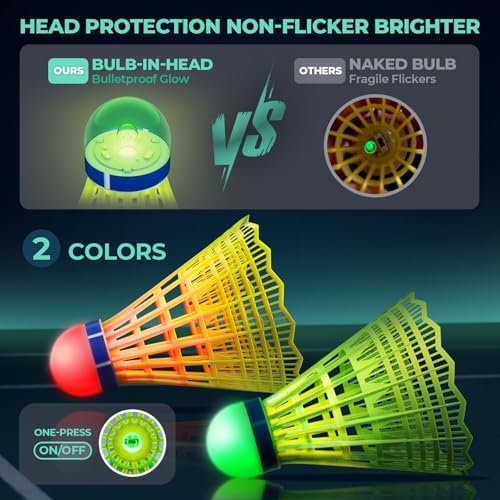 Image of HIRALIY LED Badminton Birdies12 PCS, 360 Glow in The Dark Nylon Badminton Shuttlecocks, 2 Color Light Up Birdie Ball Set with Stable Glowing, Indoor Outdoor Backyard Practice & Family Games (12)