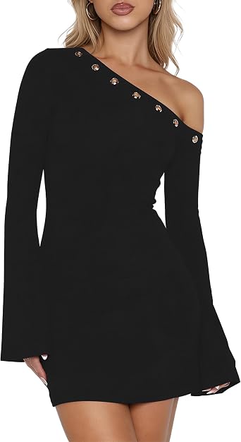 Womens One Shoulder Long Sleeve Mini Dresses