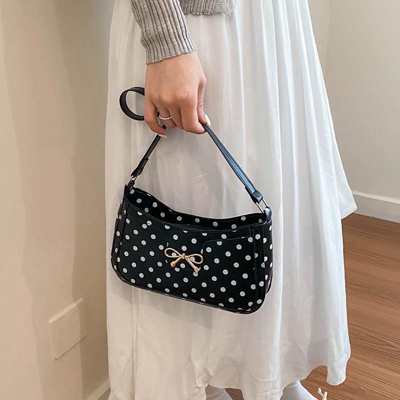 Borsa a tracolla da donna in poliuretano, stile retrò, a pois, con | EcoGleam Borsa a tracolla in poliuretano, stile retrò, a pois, con tasca, fiocco, tracolla imbottita, grande capacità