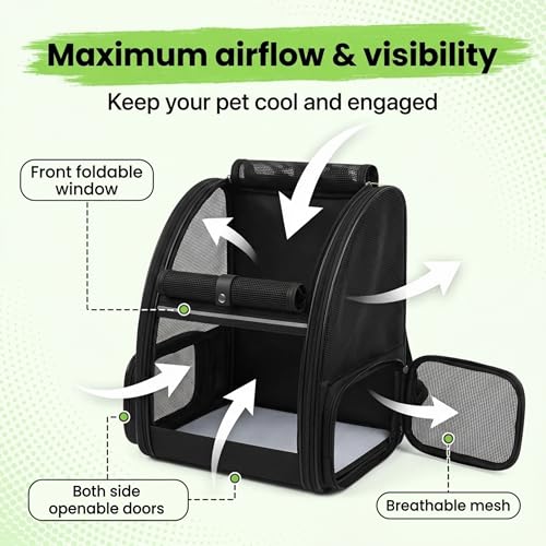 Image of MAK7 Cat Carrier Backpack | Breathable Mesh Design, Lightweight Travel Bag for Small Pets | Wide Strap, Foldable | Cat Bag Dog Carrying Bag | ThickHard Base |Pure Black|