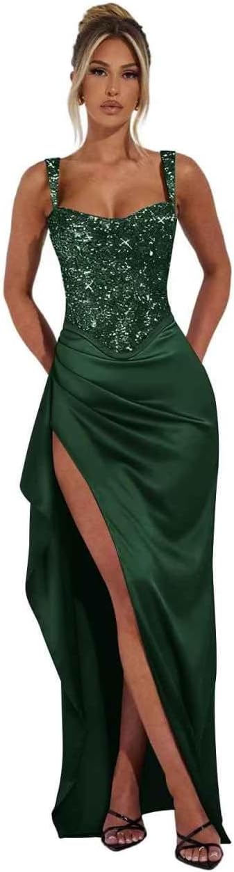 Sparkly Sequin Corset Prom Dresses Satin Ruffles Ball Gown with Slit Spaghetti Straps Long Formal Party Dress
