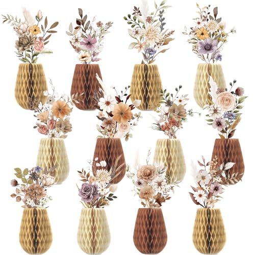 12 PCS Spring Boho Flower Honeycomb Centerpieces for Wildflower Party Table Decorations 3D Boho Floral Table Centerpieces Wildflower Tables Toppers for Wedding Birthday Baby Shower Party Home Decor