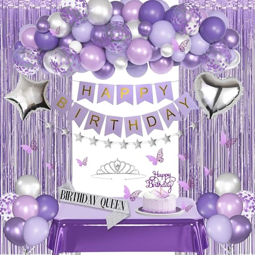 BlueCloudy Purple Birthday Decorations for Women Lavender Purple Silver Foil Balloons Table Cloth Sash Crown Fringe Curtains Happy Birthday Banner Glitter Star Garland Butterfly Party Supplies
