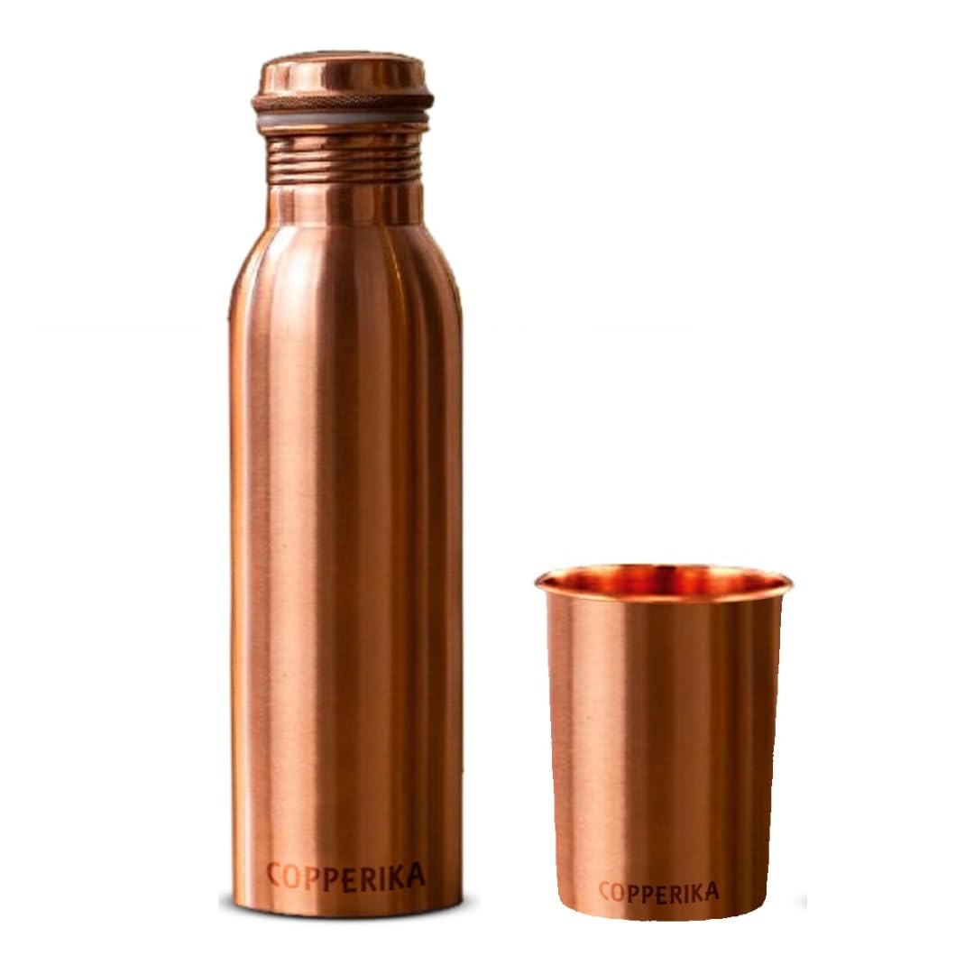 Copperika Pure Copper Water Bottle 750ml + Copper Glass 300m Combo Set Pack of 2 Original Heavy Build |BPA Free With Ayurvedic & Other Health Benefits For Home, Office, & Travel