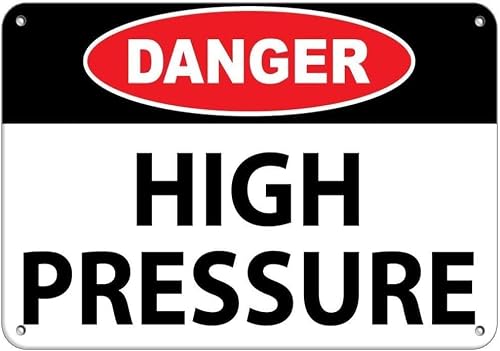 Danger High Pressure Rust Free Aluminum Tin Sign - Warning Decor with Pre-Drilled Holes for Indoor-Outdoor Factory Pipeline, Pressure Vessel, Hydraulic Zone - 8x12 Inch​