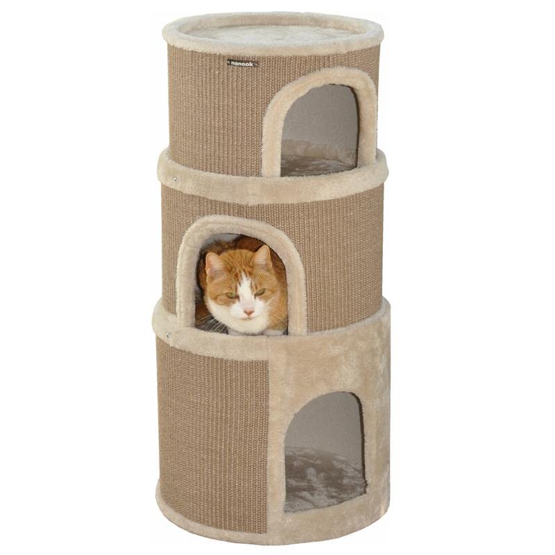 nanook Kratztonne, Höhe 89 cm, 3-teilig, Spieltonne für Katzen, 3 Ebenen, Kratzbaum, Kratzturm aus Sisal, braun/beige