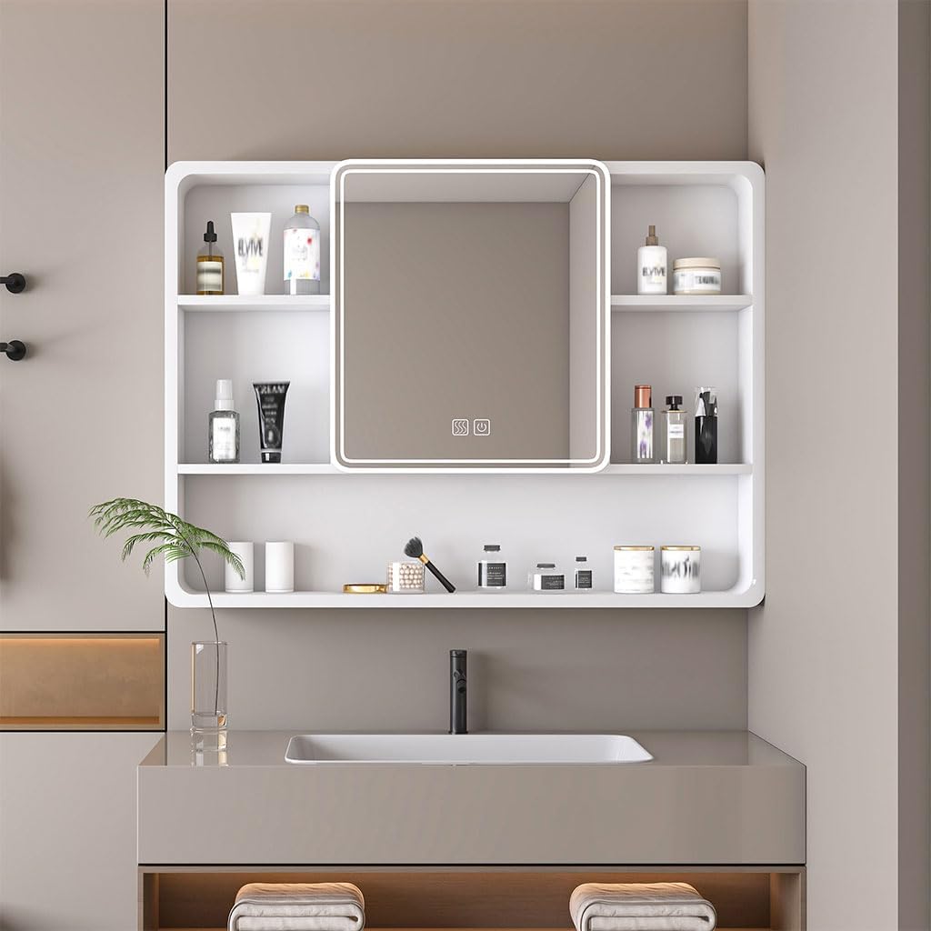 Bathroom Wall Cabinet, 35" x 28" Aluminium Medicine Cabinet Mirror with 3 Colors LED Light and Defogging Function,Over The Toilet Storage with Cosmetic Storage Rack and Hair Dryer Holder