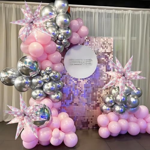 Image of Light Pink Balloons Iridescent Gingham Checkered Explosion Star Balloons Girls Just Wanna Be One Birthday Party Decor Emo Themed Party Decorations Bride Bachelorette Party Decor Supplies