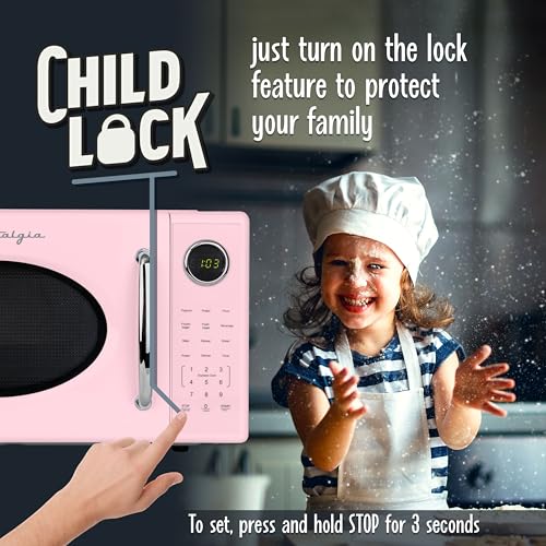 Nostalgia Retro 1000W Microwave Oven 1.1 Cu Ft Capacity – Child Safety Lock, 8 Auto-Cook Settings – Countertop Kitchen Appliance – Pink
