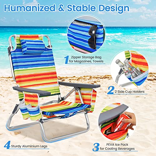 Image of Tangkula Set of 4 Backpack Beach Chair, 5-Position Lay Flat Beach Chairs with Cooler Bag, 2 Cup Holders, Towel Bar, Lightweight Low Folding Beach Chair with Backpack Straps, Yellow