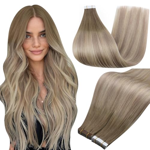 Image of Full Shine Blonde Tape in Hair Extensions Human Hair Color 8 Ash Brown Ombre 60 Blonde And 18 Straight Tape ins Human Hair Extensions 14Inch 50Gram Seamless Invisible Skin Weft 20Pcs for Party