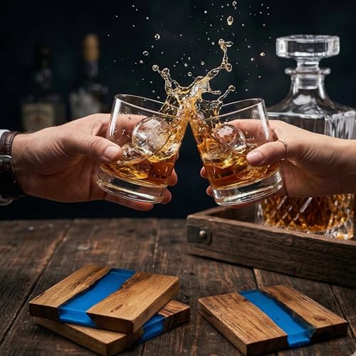 Image of Coaster Set of 4 for Dining Table - Premium Wooden Coasters with Blue River Resin Design - Tea, Coffee & Glass Drink Coasters - Luxury Table Coasters for Office Desk, Kitchen & Home Decor