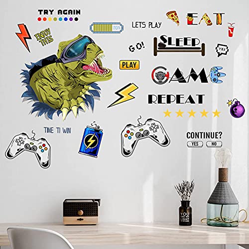 3D Dinosaur Video Game Wall Murals Peel and Stick Gaming Wall Decals for Kids Bedroom Removable Cartoon Wall Stickers for Living Room Playroom Wall Decor Cartoon Wall Decals as Decorations DIY