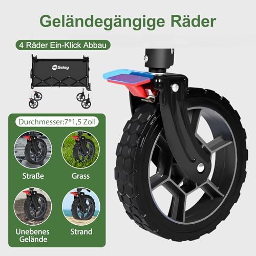 3. Bild von Sekey XXL Bollerwagen Faltbar Kinder 150L 150KG, Faltbarer Bollerwagen mit Dach Klappbarer Handwagen mit Sonnenschutz für Ausflug Strand Camping, Dach-S 4018, Schwarz