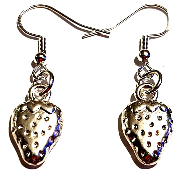 Royal Swan Antique Silver Strawberry Earrings on Sterling Silver Hallmarked Hooks in a Velvet Gift Bag. Fruit Jewelry.