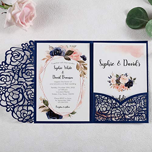 DreamBuilt 4.7 x7 inch 50PCS Personalized Navy Blue Wedding Invitations Kit Laser Cut Hollow Rose Pocket Wedding Invitation Cards with Envelopes for Wedding Bridal Shower Engagement Invite - Thumbnail 2