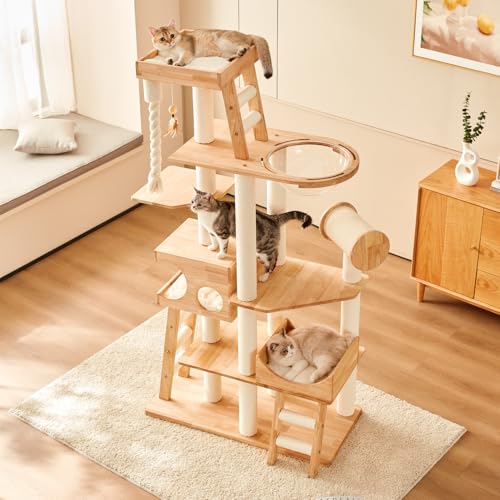 Image of Wood Cat Tree for Indoor Cats, Modern Cat Tower, Unique Cat Condo with House, Tall Luxury Furniture with Heavy Duty Wide Base, Kraft Paper Rope Scratching Post, Removable Cushion (74.8-inch)