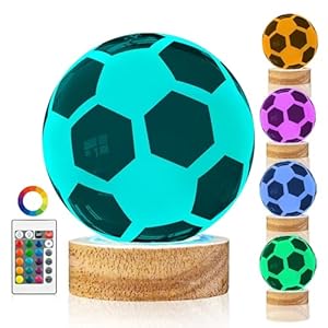 3D Soccer Crystal Ball Lamp with 16 Color Wooden LED Base, Upgraded 3.15 Inch Soccer Glass Ball Night Light with Remote for Birthday Christmas, Soccer Gift for Soccer Fans Boys, Football Lamp Decor