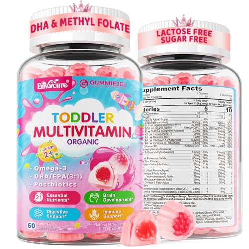 Organic Toddler 2-3 & Kids 4+ Multivitamin Gummies | NO Iron – Gentle on Sensitive Tummies | Omega-3, Postbiotics, Methyl B12 + Folate, D3 K2, Zinc | Sugar-Free, 21-in-1 for Immune, Brain, Digestion