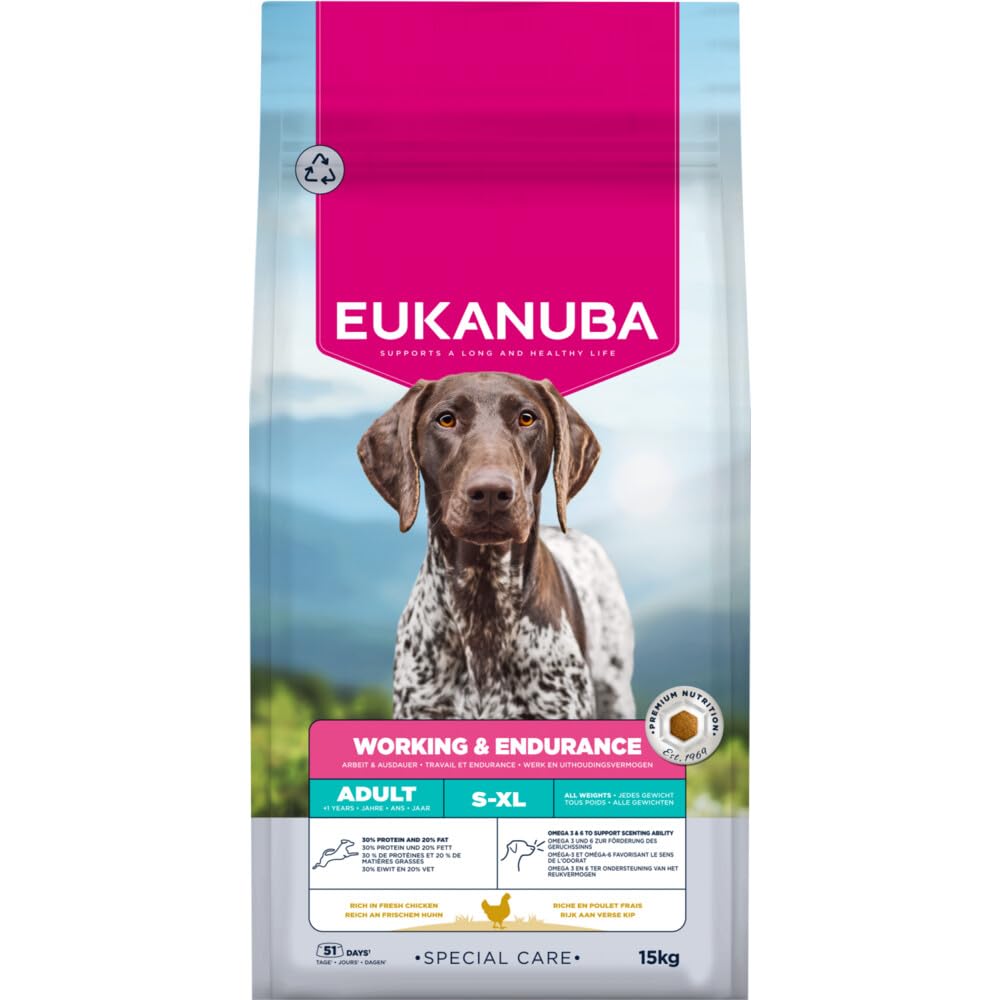 EUKANUBA Working & Endurance karma dla psów ze świeżym kurczakiem - specjalna wysokowydajna sucha karma dla psów pracujących, psów myśliwskich i suk ciężarnych lub karmiących piersią, 15 kg