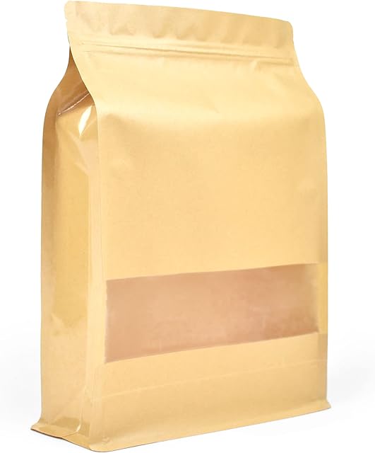 Evergreen Goods 50x Kraft Flat-Bottom Window Pouch Bag | Re-Usable Food Grade Storage Brown Self-Standing | Zip Lock & Heat Sealable with Tear Notch | Packaging Coffee Beans, Nuts, Seeds (200x300mm)