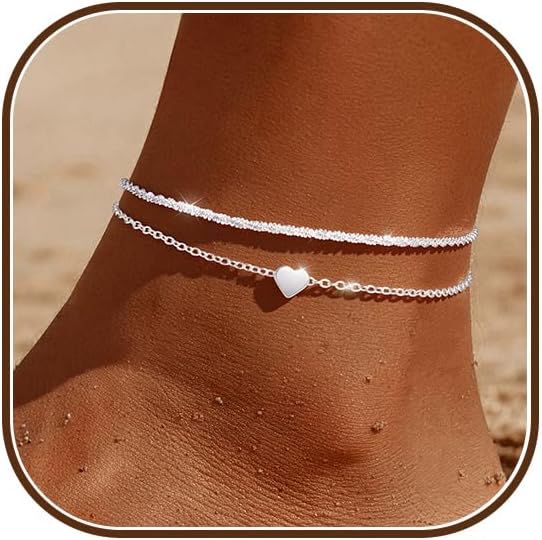 Sterling Silver Ankle Bracelets for Women 14k Gold Waterproof Layered Stackable Non Tarnish Dainty Heart Charm Large Adjustable Anklet for Summer Beach Jewelry Gift