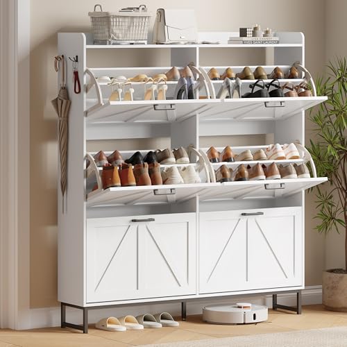 Image of Shoe Cabinet with 6 Flip Drawers, Freestanding Hidden Shoe Storage Organizer for Entryway, Narrow Slim Shoe Rack Cabinet with Open Storage & Hooks for Front Door Entrance, Living Room, Hallway, White