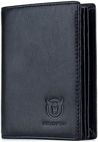 BULLCAPTAIN Large Capacity Genuine Leather Bifold Wallet/Credit Card Holder for Men with 15 Card Slots QB-027, Black, Small, Retro