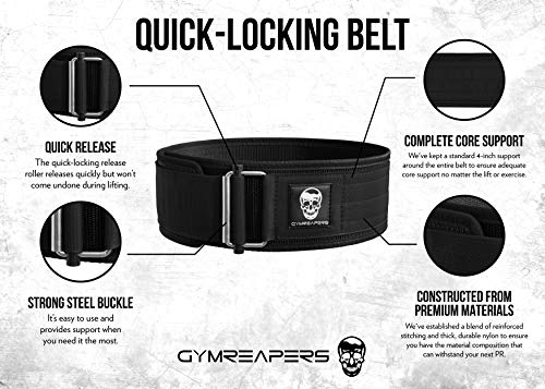 Gymreapers Quick Locking Weightlifting Belt For Bodybuilding, Powerlifting, Cross Training - 4 Inch Neoprene With Metal Buckle - Adjustable Olympic Lifting Back Support (Black, Large) #TOP3