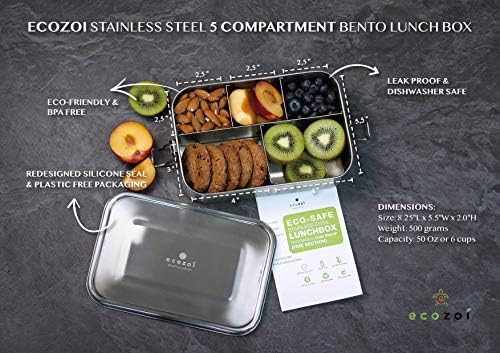 ecozoi Leak Proof Extra Long Stainless Steel 5 Compartment Eco Lunch Box | REDESIGNED Silicone Seal | Sustainable Zero Waste Eco Friendly Bento Box Food Storage Container