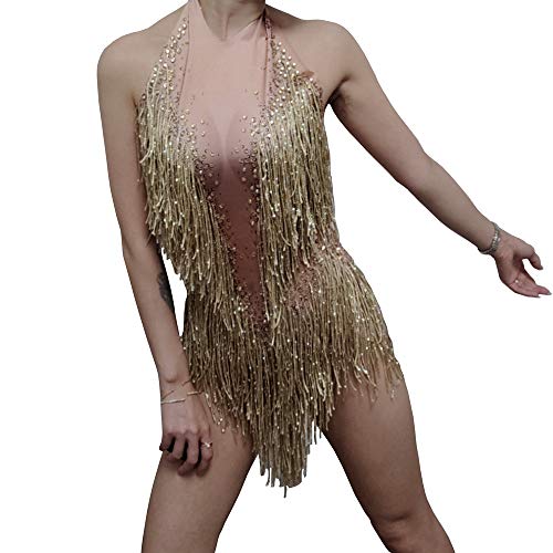 Shing Gold Rhinestones Tassel Bodysuit Women's Birthday Party Evening Costume Stage Outfit Nightclub Dance Show Wear