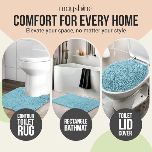 Image of Standard 3pc Set Chenille Bath Mats, Includes 21 inchx24 inch U-Shaped Contour Toilet Rug, 21 inchx34 inch Inches Bathmat and 1 Toilet Lid Cover, Plush Absorbent Bath Mats Quick Dry, Spa Blue