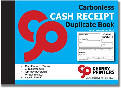 Cherry Printers | Carbonless Cash Receipt Book 2pt A6 | Duplicate NCR Receipt Book | 50 Duplicate Sets | No Carbon Required