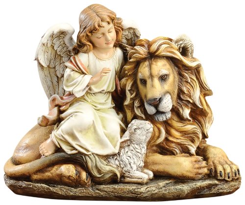 Joseph Studio Lion Lamb and Angel Sitting Together Statue Figurine