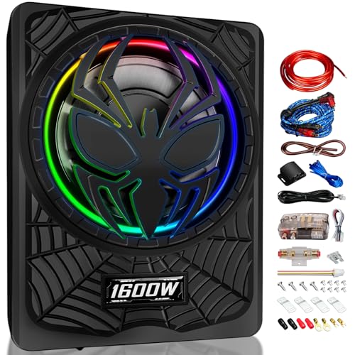 Image of 1600W 10 inch Ultra-Thin Under-Seat Car Subwoofer with Built-in D-Class Amplifier, LED Ambient Lights, Independent Bass Knob, LPF /Gain /Bass Boost, Distortion-Free Deep Bass for Most Vehicles