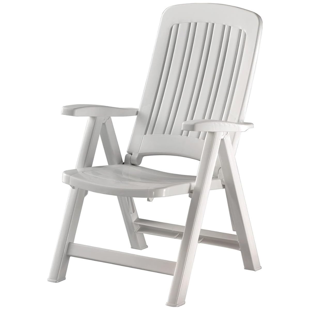Tomaino Tumbona de jardín plegable de plástico – Sillón para exteriores relajante, casa, camping, reclinable – 5 posiciones con reposabrazos (blanco)