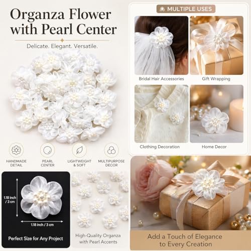Image of Fabric Flower Embellishments with Pearl Center Handmade Organza Floral Appliques for Craft, Hair Accessories, Scrapbooking, DIY Decoration & Sewing Pack of 25 Piece 4CM (White)