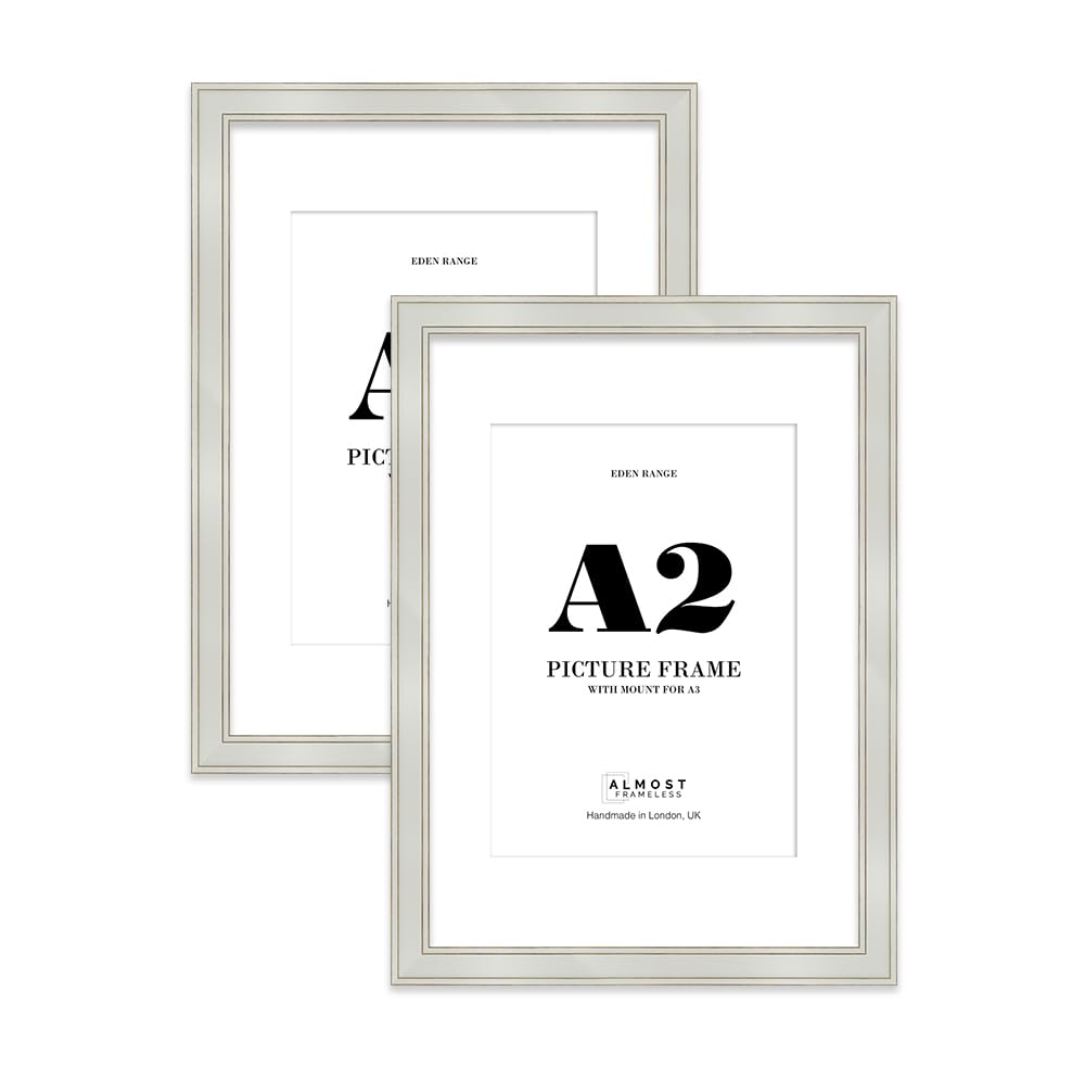 A2 Light Grey Picture Frame with A3 Mount - Shabby Chic Photo Frame with Distressed Finish, Gold Trim, Wall Hooks, 37mm Edge - 2 Pack