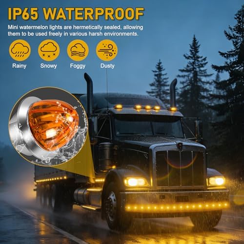 10PCS Mini Watermelon Lights, 3/4 Inch Strobe & Constant Dual Function Amber LED Watermelon Lights, IP65 Waterproof Side Clearance Tail Griller Flash Lights Turn Signal for 12V Semi Trailers Trucks RV - 2