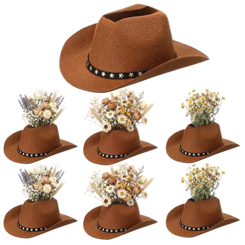 Didaey 6 Pcs Cowboy Hat Flower Vase Western Cowboy Party Table Centerpiece for Artificial Flower Cotton Linen Floral Vase with Top Opening Wedding Baby Shower Birthday Party (Star Belt Brown)