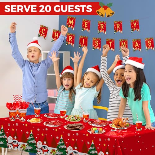 Christmas Paper Plates and Napkins, Christmas Party Supplies Disposable Dinnerware Set, Includes Heavy Duty Paper Plates, Napkins, Cups, Tablecloth, Cutlery and Banner for Xmas Decorations, Serve 20 – Image 5